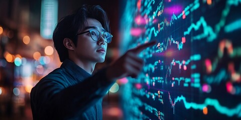 Aufkleber - Korean Man Analyzing Digital Stock Graphs Amidst Neon City Lights