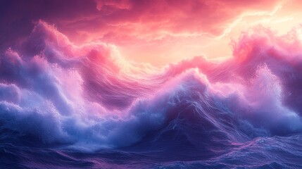 Poster - A wave of pink and purple water with a pink and purple sky in the background