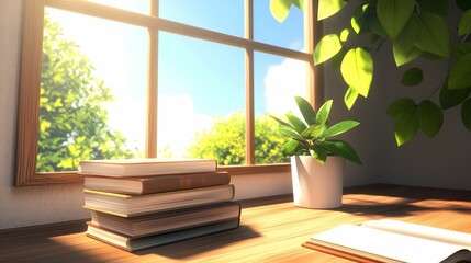 Wall Mural - Emotional Value concept. Bright interior scene with books, a plant, and sunlight streaming through a window.