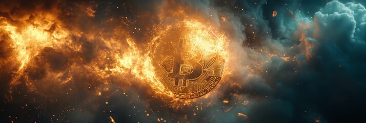 Aufkleber - Golden bitcoin digital currency burning in fiery explosion with dramatic smoke and dark clouds suggesting financial crisis or investment risk