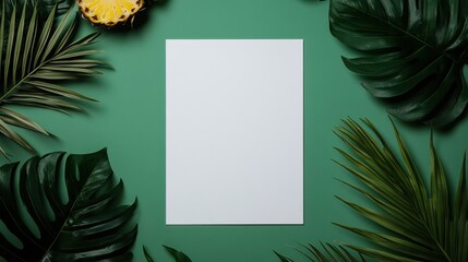 Wall Mural - A blank sheet of paper is surrounded by vibrant green leaves and a slice of pineapple on a green backdrop, creating a fresh, tropical aesthetic.