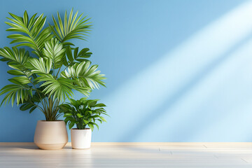 Wall Mural - Lush green plants in stylish pots against blue wall, creating serene atmosphere. sunlight casts gentle shadows, enhancing tranquil vibe of space