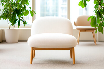 Sticker - cozy living room featuring stylish white chair with wooden legs, surrounded by lush green plants. bright space exudes tranquility and modern design