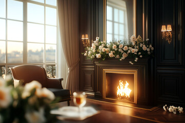 Sticker - cozy room with fireplace, elegant floral decor, and warm ambiance. sunlight streams through large windows, creating serene atmosphere perfect for relaxation