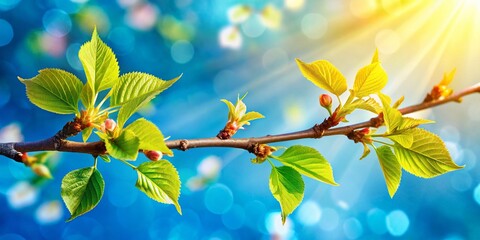 Wall Mural - Spring Cherry Blossoms: Young Leaves & Blue Sky - High-Resolution Stock Photo