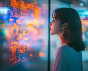 Aufkleber - Young Woman Analyzing Futuristic Digital Football Interface in Neon Glow