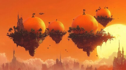Poster - Orange Planet Floating Islands Futuristic Cityscape