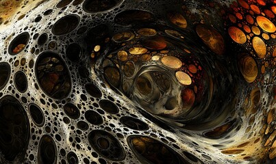 Wall Mural - Abstract organic porous structure with swirling gold and black liquid, ideal for science or art backgrounds.