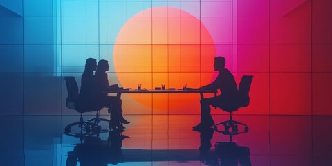 Poster - Collaborative Discussion Against Vibrant Backdrop Silhouettes and Modern Digital Interface