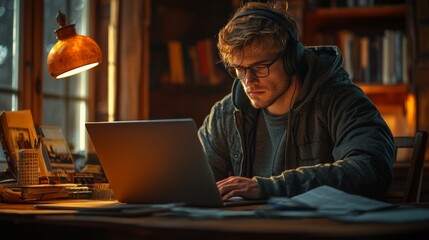 Poster - Focused Caucasian Man Learning Online in Cozy Study with Warm Lighting and Headphones