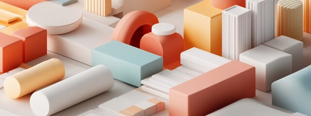 Poster - vibrant 3d showcasing an abstract arrangement of various architectural materials and construction el