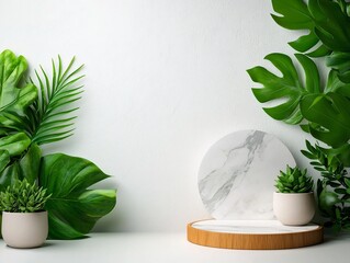Poster - Marble texture podium or pedestal displayed against a minimalist white wall with lush green plants and tropical foliage  Simple clean and modern scene for product display or presentation