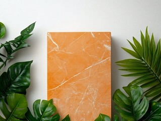 Poster - Marble texture podium or platform against a clean white wall with lush green plants and leaves creating a modern minimal and tranquil display setting for product showcases interior design