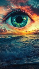 Poster - A colossal eye emerges dramatically from the ocean, reflecting vibrant shades of blue and turquoise