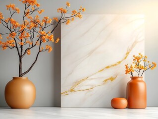 Poster - Elegant and modern still life featuring an arrangement of vibrant orange flowers in a smooth glossy ceramic vase set against a captivating marble and gold backdrop
