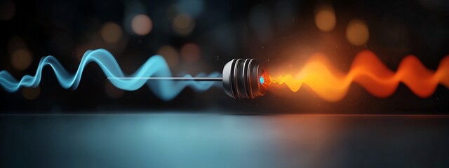 Poster - Vibrating tuning fork emitting waves of different frequencies in a 3D rendered The image depicts the abstract concept of sound music and physics through a stylized digital representation
