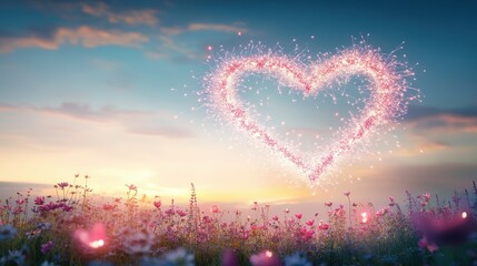 Wall Mural - heart shape fireworks above wildflower field at sunset