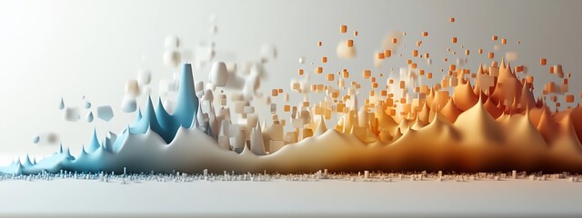 Poster - A 3D rendered visualization of the frequency distribution of technological disruptions within a dynamic and evolving industry  The image depicts a colorful and vibrant array of digital elements