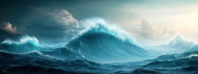 Poster - Stunning 3D visualization of powerful crashing ocean waves with labels indicating the different frequencies and rhythms of the water s movement  This serene yet dramatic seascape highlights the raw