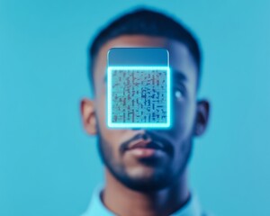 Aufkleber - Futuristic Mobile Booking Man with Glowing QR Code in Cyberpunk Style