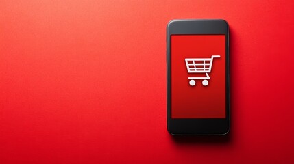 Poster - Mobile phone displaying shopping cart symbol on red screen represents e commerce, online payment, and delivery services in modern consumerism