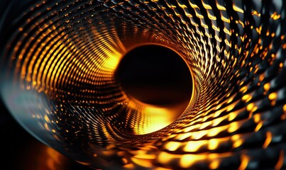 Wall Mural - Glowing gold metallic spiral tunnel on dark background for technology or abstract projects.