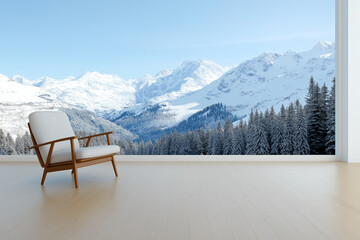 Sticker - cozy living room featuring stylish chair with stunning view of snow covered mountains and evergreen trees. serene winter landscape creates peaceful atmosphere