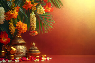 Wall Mural - summer background with tropical flowers, palm leaves and bells on rd background. traditional indian 