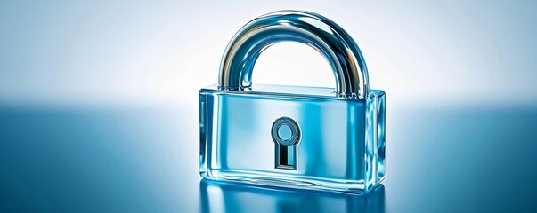 Wall Mural - A shiny, transparent padlock sits on a reflective surface with a soft blue background, symbolizing security and protection.