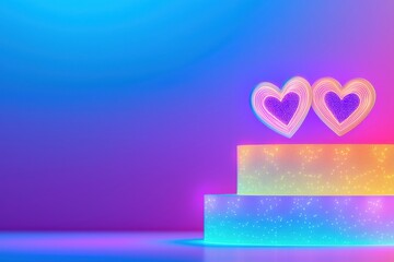 Poster - A vibrant, colorful scene featuring two decorative hearts on illuminated, layered platforms against a gradient backdrop.