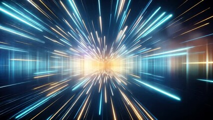 Fototapete - Hyperspace Journey: A mesmerizing abstract image of vibrant blue and yellow light streaks converging towards a bright center, evoking a sense of rapid movement and boundless possibilities.