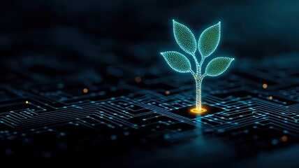 Poster - A digital plant sprouts from a circuit board, symbolizing the fusion of technology and nature.