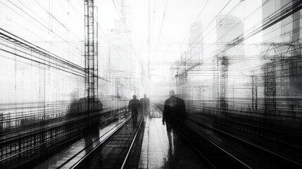 Poster - Abstract urban journey blurred figures on train tracks cityscape black and white perspective conceptual exploration