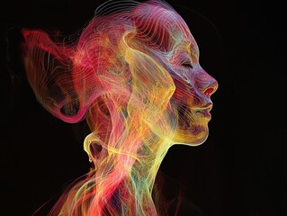 Poster - Dynamic abstract portrait of fluid forms in colorful waves dark background digital art conceptual beauty