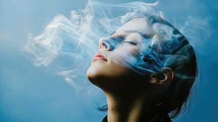 Poster - Artistic motion of smoke surrounding a woman's face ethereal setting abstract conceptual emotional expression