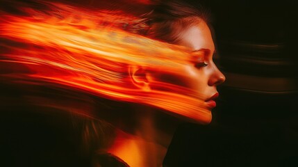 Poster - Dynamic artistic motion of abstract flames surrounding a profile in a dark studio environment