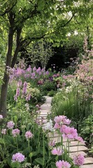 Aufkleber - A serene garden unfolds with a meandering path surrounded by vibrant blooms in soft mocha hues. The air is fresh, teeming with the scents of spring and the warmth of the sun above