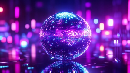 Poster - a glowing disco ball with holographic reflections, surrounded by vibrant neon lights.