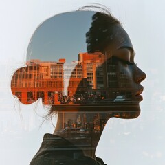 Poster - Abstract double exposure portrait urban cityscape artistic environment profile view conceptual exploration