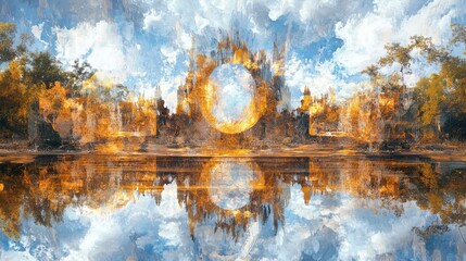 Poster - Abstract conceptual distortion of nature reflected in a serene lake under a dramatic sky
