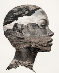 Poster - Abstract conceptual portrait of a woman with mountain landscape artistic installation indoor profile view nature and identity