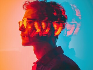 Poster - Dynamic motion portrait of a man with glasses abstract conceptual art studio environment vibrant colors