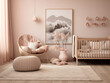 © FiligreeDigital - Modern minimalist japandi and scandinavian style nursery interior with pink walls, crib, armchair and artwork on the wall. Cozy modern nursery interior. Minimalist childs room design