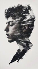 Poster - Fragmented shadow portrait natural landscape artistic abstract environment profile view conceptual vision