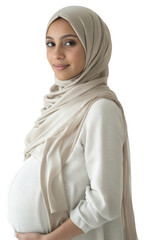 Wall Mural - PNG Portrait of pregnant mixed race muslim woman wearing hijab scarf photo beige.