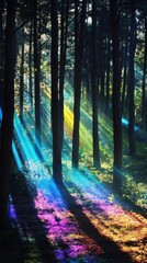 Poster - Vibrant colors dance through a mystical forest dotted with towering trees