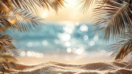 Summer background with palm leaves and a beach