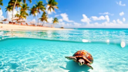 Wall Mural - Tropical beach with sea turtle swimming in crystal clear water under palm trees