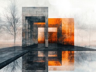 Poster - Minimalist surreal structure reflection urban landscape digital art foggy environment abstract viewpoint