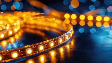 Poster - Glowing LED Strip Light with Bokeh Background in Blue and Orange